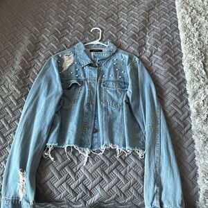 Forever 21 Distressed Denim Jacket with Pearl Accents